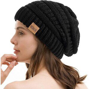 Women's Slouchy A9 Black Beanie Winter Warm Chunky Soft Skull Cable Knit Hat Cap